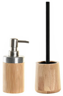Items Toiletborstel met houder 38 cm en zeeppompje 300 ml bamboe/metaal - Badkameraccessoireset Bruin