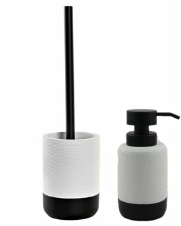 Items Toiletborstel met houder 38 cm en zeeppompje 300 ml keramiek wit/zwart - Badkameraccessoireset