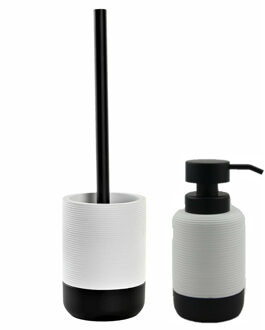 Items Toiletborstel met houder 38 cm en zeeppompje 300 ml keramiek wit/zwart
