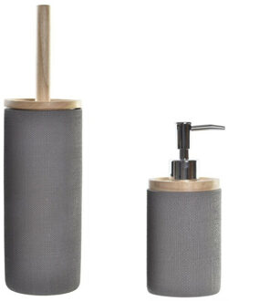 Items Toiletborstel met houder 38 cm en zeeppompje 300 ml polystone/hout - Badkameraccessoireset Grijs