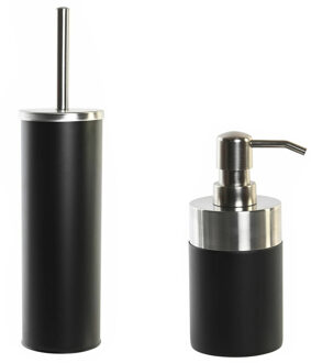 Items Toiletborstel met houder 38 cm en zeeppompje 300 ml polystone/metaal - Badkameraccessoireset Zwart