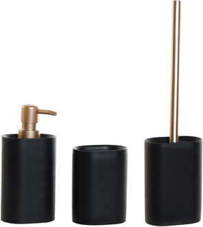 Items Toiletborstel met houder zwart/goud en zeeppompje/beker kunststof - Badkameraccessoireset