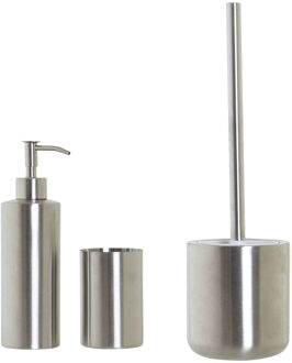 Items WC-/toiletborstel en houder - rvs zilver - met zeeppompje en beker - Badkameraccessoireset Zilverkleurig