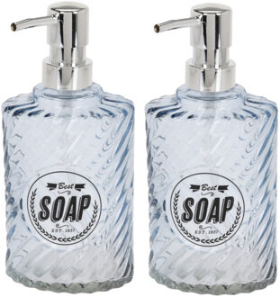 Items Zeeppompje/dispenser - 2x - 17 cm - glas - blauw - 300 ml - navulbaar - toilet/badkamer/keuken