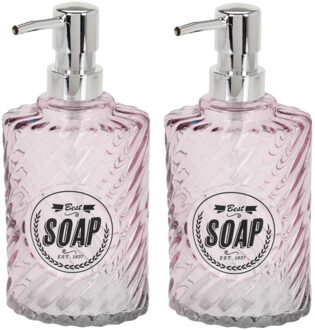 Items Zeeppompje/dispenser - 2x - 17 cm - glas - roze - 300 ml - navulbaar - toilet/badkamer/keuken