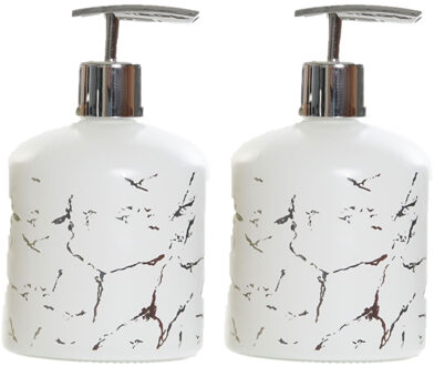 Items Zeeppompje/dispenser - 2x - glas - wit - 350 ml - navulbaar - 14 cm - badkamer/keuken