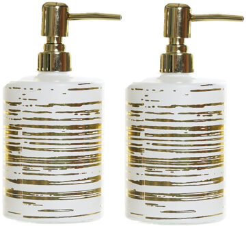 Items Zeeppompje/dispenser - 2x - glas - wit met gouden strepen - 450 ml - navulbaar - keuken/toilet