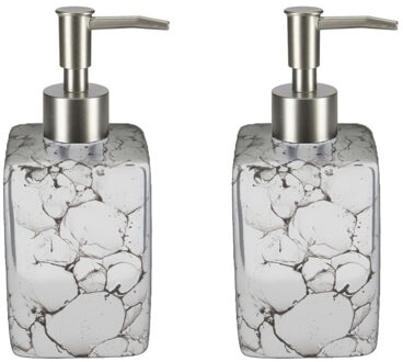 Items Zeeppompje/dispenser - 2x - wit - marmerlook - 330 ml - navulbaar - keuken/toilet/badkamer