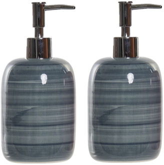 Items Zeeppompje/zeepdispenser - 2x - blauw - polystone - 16 cm - 300 ml - navulbaar - badkamer/keuk
