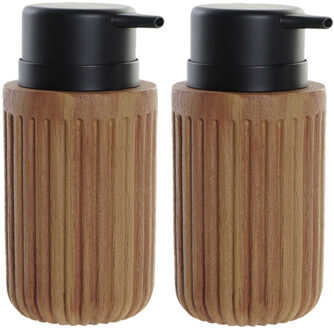 Items Zeeppompje/zeepdispenser - 2x - hout look - bruin - kunststof - 350 ml - navulbaar - badkamer/keuken