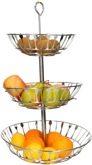 Items Zilveren ronde fruitschaal/fruitmand etagere bestekpatroon 3-laags met oog 56 cm - Fruitschalen Zilverkleurig