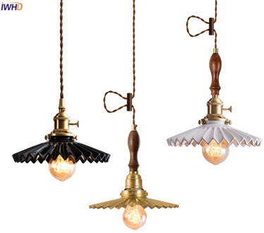 IWHD Japanese Style White Ceramic Pendant Lights Fixtures Wooden Copper Bedroom Living Room Modern Nordic Pendant Lamp Luminaria