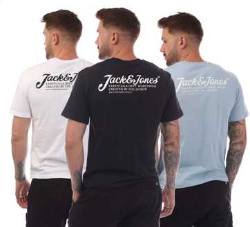 Jack & Jones Heren Jack Jones 3 Pack Beau Footprint T-Shirts in Witblauw
