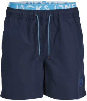Jack & Jones Heren zwemshorts jpstfiji dubbele waistband effen donker/neon Blauw - XL