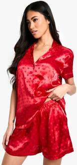 Jacquard Hartprint Satijn Korte Mouw Shirt & Shorts Pyjama Set, Red - 38