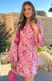 Jacquard Jurk Wijde Mouw Fuchsia Roze