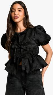 Jacquard Top Met Strik Aan De Voorkant En Puffmouwen Smock-Top, Black - 38