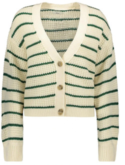 Jacqueline de Yong Ellen l/s v-neck stripe cardigan Wit