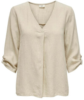 Jacqueline de Yong Say 3/4 linen v-neck top Ecru - M