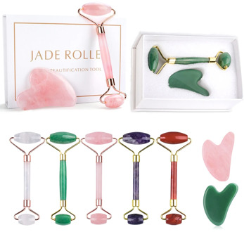 Jade Roller Rose Quartz Stone Pink Gua Sha Board Face Slimming Massager Lifting Skin Care Beauty Massage Tool Set Box