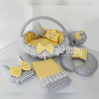 Jaju Baby Gray Star Solid Color Yellow Baby Bedding Set, Swaddle, Breastfeeding Pillow, Play Mat, Pique Quilt, Cloud Pillow Set