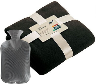 James & Nicholson Fleece deken/plaid Zwart 130 x 170 cm en een warmwater kruik 2 liter