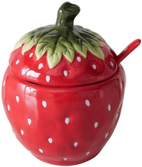 Jampotje 'Strawberry' Met Deksel En Lepel Van Aardewerk 13x11x14cm rood