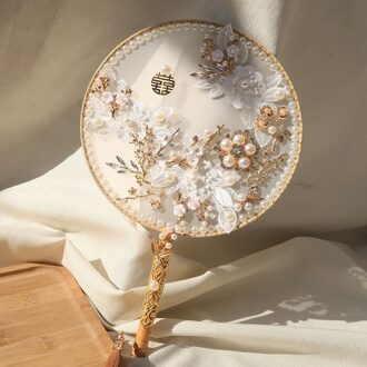 Janevini Luxe Parels Chinese Stijl Bruids Fan Bruidsboeket Handgemaakte Witte Kant Bloemen Gouden Bloemen Klassieke Bruid Hand Fan