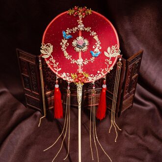 Janevini Vintage Rode Chinese Bridal Fan Kunstmatige Bloemen Parels Kralen Bruid Sieraden Vlinder Lange Handvat Bruiloft Ventilator Boeket stijl A