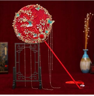 Janevini Vintage Rode Chinese Bridal Fan Kunstmatige Bloemen Parels Kralen Bruid Sieraden Vlinder Lange Handvat Bruiloft Ventilator Boeket stijl B