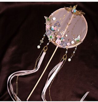 Janevini Vintage Rode Chinese Bridal Fan Kunstmatige Bloemen Parels Kralen Bruid Sieraden Vlinder Lange Handvat Bruiloft Ventilator Boeket stijl G