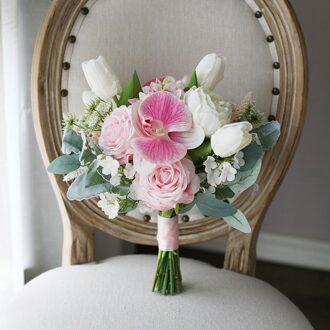 Janevini Westerse Stijl Roze Wit Bruidsboeket Artificiel Kwiaty Sztuczne Tulp Phalaenopsis Bridal Bloem Bruidsmeisje Boeket