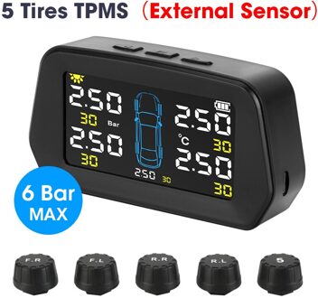 Jansite Tpms 5 Banden Alarm Bandenspanning Sensoren Monitoring Systeem Groot Scherm Solar Power Auto Beveiliging Bandenspanning Controle 5 extern sensors