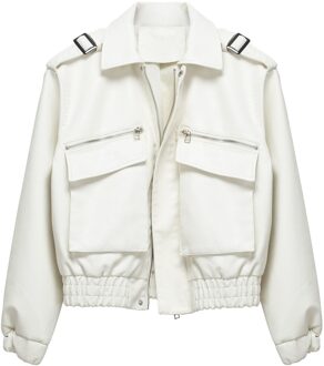 Janveny Herfst Pu Faux Lederen Jas Vrouwen Motorfiets Biker Winter Vrouwelijke Mode Turn Down Kraag Zwarte Bovenkleding Beige / S