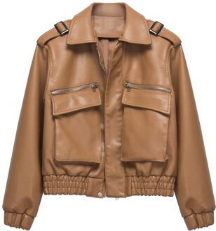 Janveny Herfst Pu Faux Lederen Jas Vrouwen Motorfiets Biker Winter Vrouwelijke Mode Turn Down Kraag Zwarte Bovenkleding kameel / S