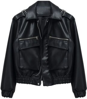 Janveny Herfst Pu Faux Lederen Jas Vrouwen Motorfiets Biker Winter Vrouwelijke Mode Turn Down Kraag Zwarte Bovenkleding zwart / S