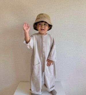 Japan Korea Lente Kinderen Comfortabele Wafel Rompertjes Lange Mouwen Losse Een Stuk Jumpsuit Solid Beige Broek kleding 4T
