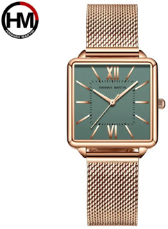 Japan Quartz Movement Green Dial Roman Square Watches Case Stanless Steel Fashion Wristwatch Ladies Rose Gold Watches For Women
