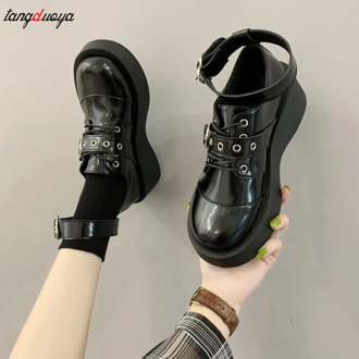 Japanese College Mori Girl Jk Uniform PU Leatehr Girl Platform Black Harajuku Lolita Gothic Round Head Mary Jane Strap Shoes
