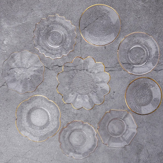 Japanese Style Glass Tea Cup Saucer Mat Pad with Glod Rim for Kung Fu Tea Coffee Dessert Plate Jewelry Storage Trinket Dish