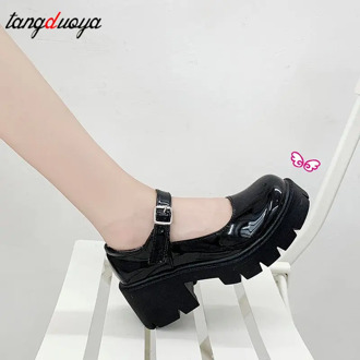 japanese Style Lolita Shoes for Girls Women JK Black Gothic Thicken College Student cosplay costume High Heel Round Toe Shoes