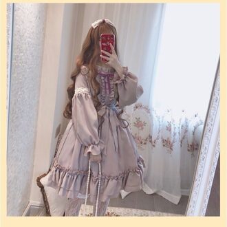 Japanse Kawaii Lolita Jurk Thee Party Ronde Hals Lantaarn Mouwen Lolita Strik Stiksels Zachte Zus Jurk Vrouwen Meisje lang sleve