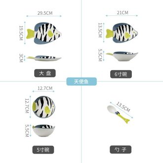 Japanse Keramische Servies Set handgeschilderde Creatieve Vis Plaat Thuis Schotel Cartoon Vormige Rijstkom Lepel Keuken Accessoires