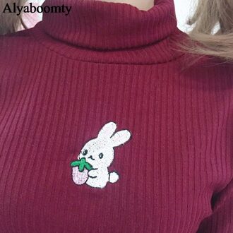 Japanse Preppy Stijl Herfst Winter Vrouwen Trui Coltrui Borduurwerk Bunny Gebreide Trui Leuke Kawaii Wit Zwart Roze Top As The Photo