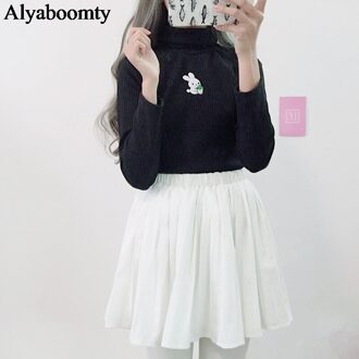 Japanse Preppy Stijl Herfst Winter Vrouwen Trui Coltrui Borduurwerk Bunny Gebreide Trui Leuke Kawaii Wit Zwart Roze Top