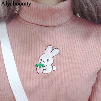 Japanse Preppy Stijl Herfst Winter Vrouwen Trui Coltrui Borduurwerk Bunny Gebreide Trui Leuke Kawaii Wit Zwart Roze Top