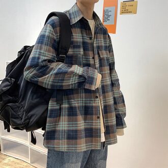 Japanse Retro Tooling Plaid Shirt Herfst Mannen College Stijl Casual Jas Losse Paar Lange Mouwen Camisas De hombre Blauw / L