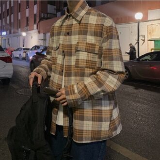 Japanse Retro Tooling Plaid Shirt Herfst Mannen College Stijl Casual Jas Losse Paar Lange Mouwen Camisas De hombre khaki / M