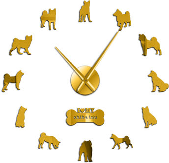 Japanse Shiba Inu Hond Decoratieve Moderne Wandklok Shiba Ken Hond Ras Frame Grote Wandklok Met DIY Arylic Spiegel stickers goud / 47 duim