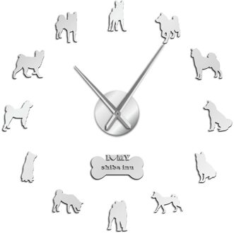 Japanse Shiba Inu Hond Decoratieve Moderne Wandklok Shiba Ken Hond Ras Frame Grote Wandklok Met DIY Arylic Spiegel stickers zilver / 47 duim